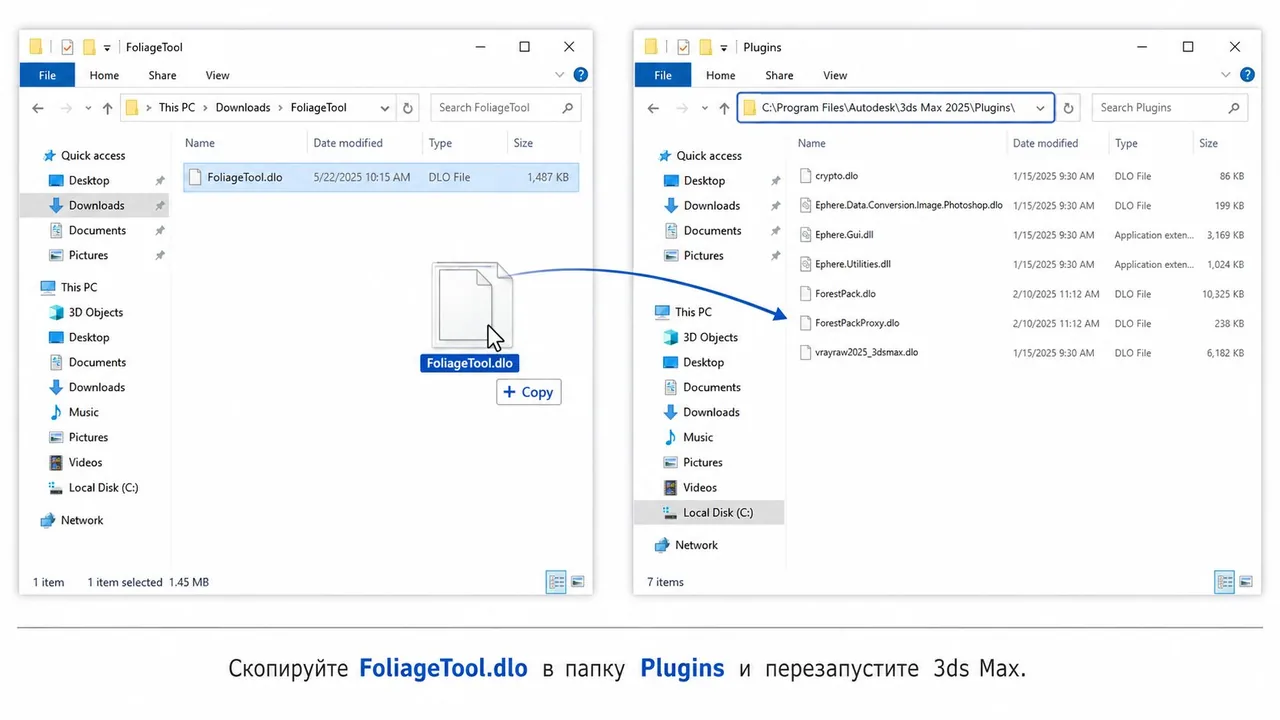 Copy FoliageTool.dlo into the 3ds Max Plugins folder