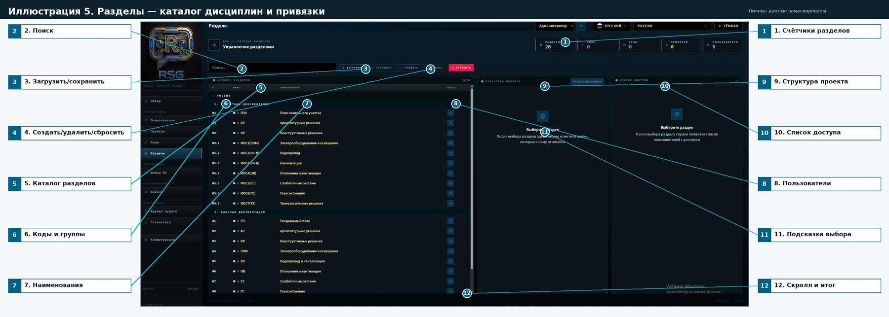 Разделы — каталог дисциплин и привязки