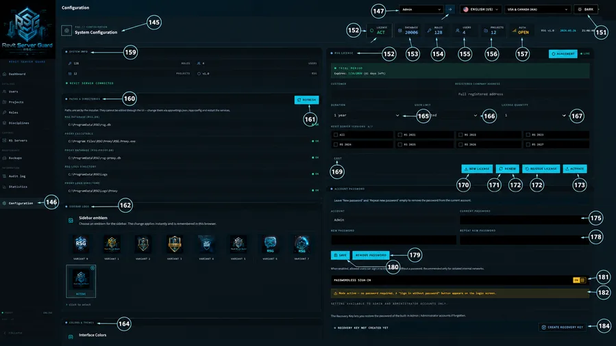 Configuration — system settings, license, and appearance